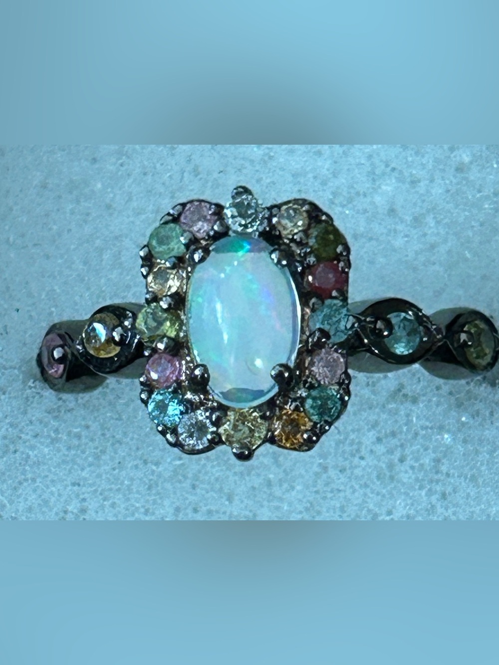 Genuine Opal and Multicolor topaz Halo Ring -Rhodium plated sterling silver mark